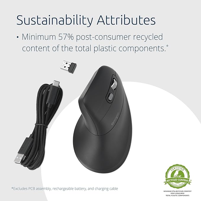Kensington MY630 EQ Wireless Rechargeable Mouse Ergonomic Vertical Design Bluetooth LE 2.4GHz Black (K72484NA)