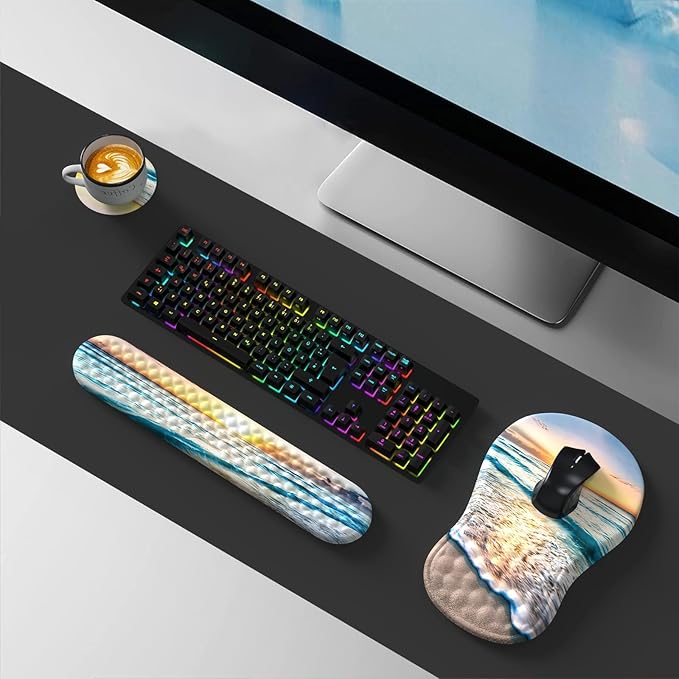 HAOCOO Ergonomic Mouse Pad with Wrist Rest and Keyboard Wrist Rest Pad Wrist Rest for Computer Keyboard and Mouse Pad Cushion Set Typing Mousepad with Wrist Support for Office Laptop Beach