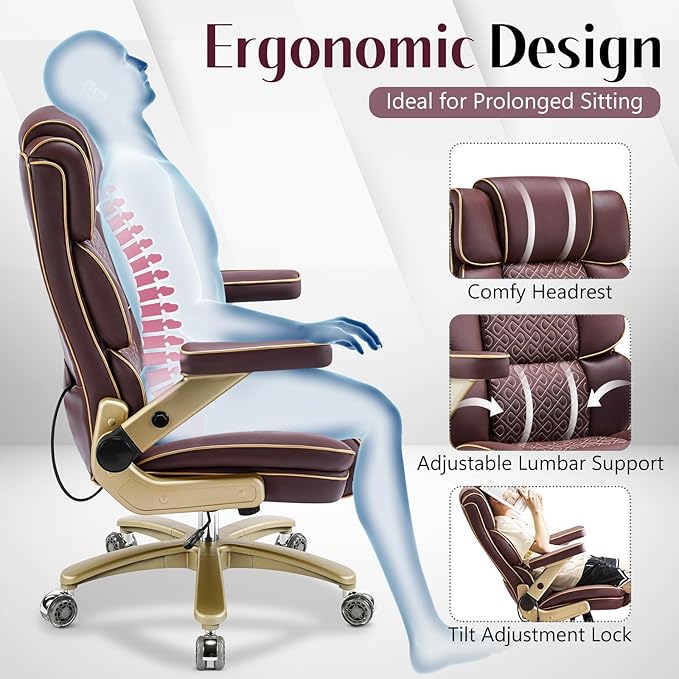 Heavy Duty Executive Leather Chair Big and Tall Office Chair 500lbs with 5D Flip-up Armrests Comfortable Seat Adjustable Lumbar High Back Large Computer Desk Chair for Home Office Brown