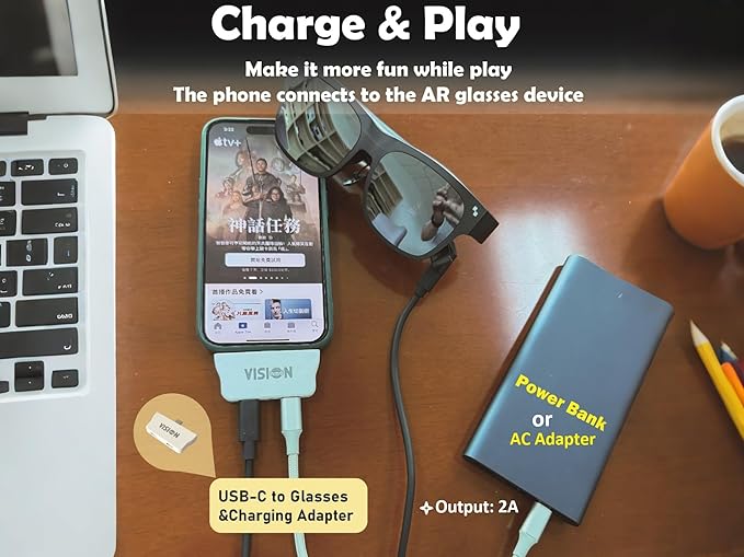 USB C to AR Glasses and Charging Adapter Compatible 100W PD Fast Charging for iPhone 17-15Switch ROG Ally Steam Deck. Connected V-iture/Rokid/X-Real AR Glasses 4K 60Hz/2K 120Hz