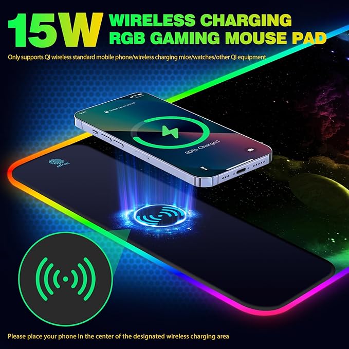 AIMSA Wireless Charging RGB Gaming Mouse Pad 15W Extended LED Desk Mat Protector 800x300x4MM 14 Light Modes Extra Large Mousepad Non-Slip Rubber Base Desk Mat Nebula Universe