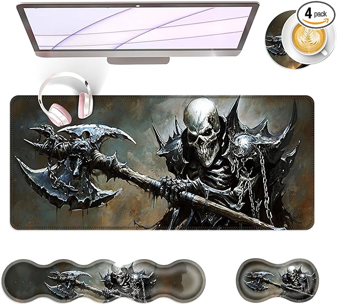 Large Keyboard Mouse Pad Set Extended Mouse Pad+Keyboard Wrist Rest Support Memory Foam Ergonomic Easy Typing 4Pcs (31.5×11.8 in) Desk Pad Set for Office HomeFunny Skeleton