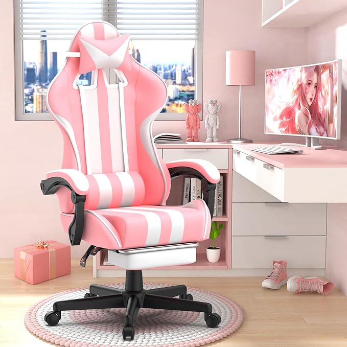 Huracan Gaming Chair with Footrest Adjustable Video Game Computer Chairs for Adults Reclining Backrest Office Desk Chair with Headrest and Lumba Pillow Pink