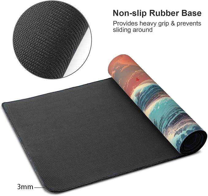Japanese Desk Mat - 48 x 24 Inches - Sea Wave Extended Big Mouse Pad LargeXXXL Gaming Mouse Pad Desk Pad with 3mm Non-Slip Base and Stitched Edge for Home Office WorkFantasy Artwork Style