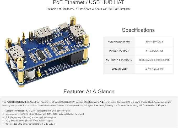 Waveshare PoE Ethernet/USB HUB HAT Compatible with Raspberry Pi Zero/Zero W/4B/3B/3B+ 3X USB 2.0 Ports 802.3af-Compliant