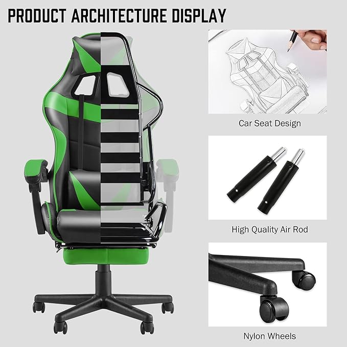 Huracan Gaming Computer Chair with Footrest Adjustable Video Game Chairs for Adults Heavy Duty Office Chair with Headrest and Lumbar Support Green