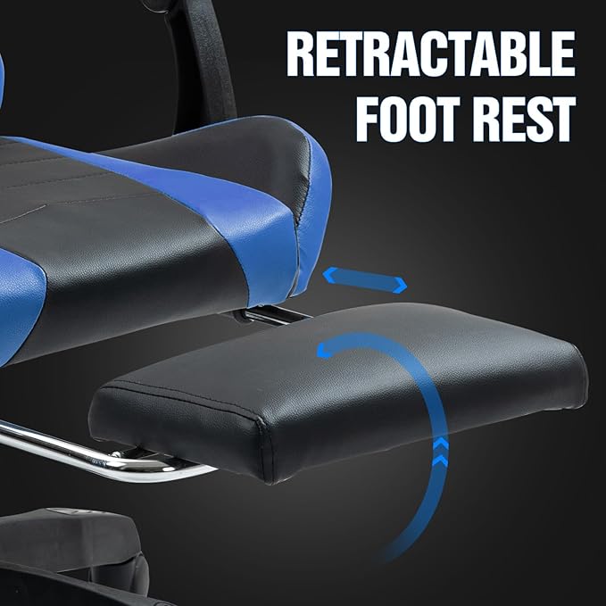 Gaming Chair with Footrest Ergonomic Computer Chair for Adult Adjustable Headrest Lumbar Pillow Large Size Reclining Gaming Chair Big and Tall with Linkage Armrest for Home Office Gaming (Blue)