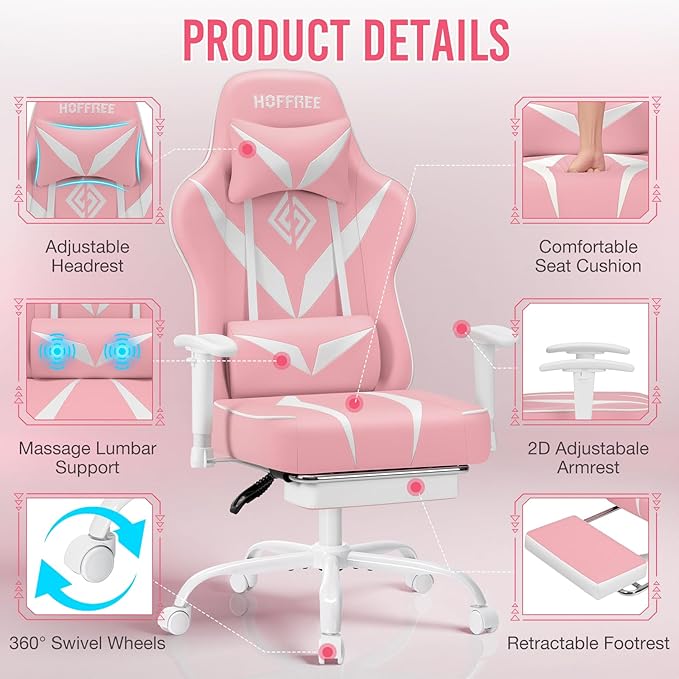 HOFFREE Massage Gaming Chair with Pocket Spring Cushion 155° Reclining Computer Gamer Chair with Footrest and Adjustable Armrests Ergonomic Video Game Chairs Pink and White