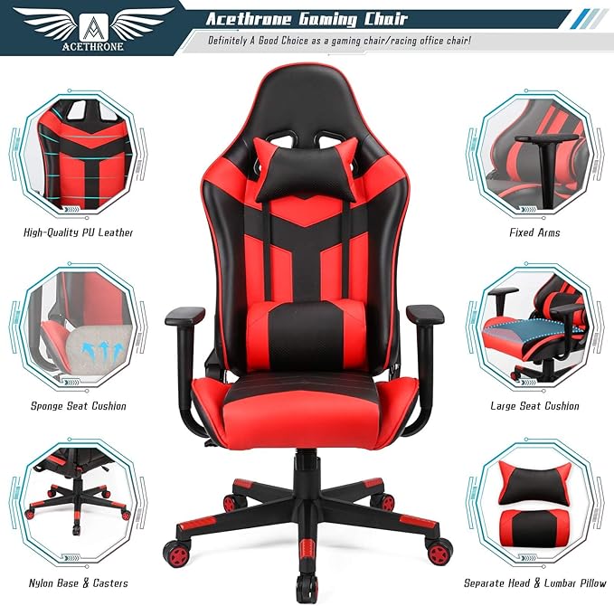 Gaming Chair High Back Computer Chair Ergonomic Video Game Chair with Headrest Lumbar Support Gaming Desk Chair Adjustable Height Swivel Racing Office Chair for Teens Adults