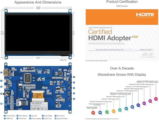 waveshare 7inch QLED Quantum Dot Display 1024×600 Resolution Compatible with Raspberry Pi 5/4B/3B+/3A+/2B/B+/A+/Zero/Zero W/WH/Zero 2W CM3+/4 Supports Windows