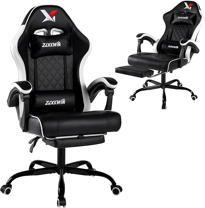 Vedio Gaming Chair with Footrest Lumbar Support for Home Office High Back Recliner Height Adjustable Ergonomic Comfy Leather Computer Desk ChairWhite