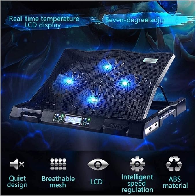 4 Fan Cooling Pad for 12 to 19-inch Gaming Laptop USB Powered Quiet Cooler Fan Portable Stand with Dual 2.0 USB Ports Blue LED Lights