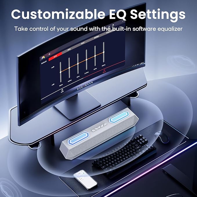 Deeyaple Computer Speakers 40W PC Speakers for Desktop Monitor with Bluetooth 5.3 &amp USB Audio HiFi Stereo Gaming Soundbar with Custom EQ Software Dynamic RGB Lighting for Laptop PS4 PS5 Whit