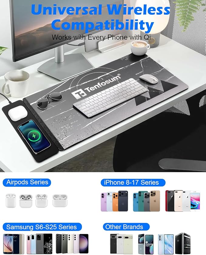 15W Wireless Charging Mousepad Waterproof Non-Slip Large Mouse Pad(68x37cm) for Office/Home/GamingCompatible with iPhone/Android/Headphones Easy to Clean Desk Mat