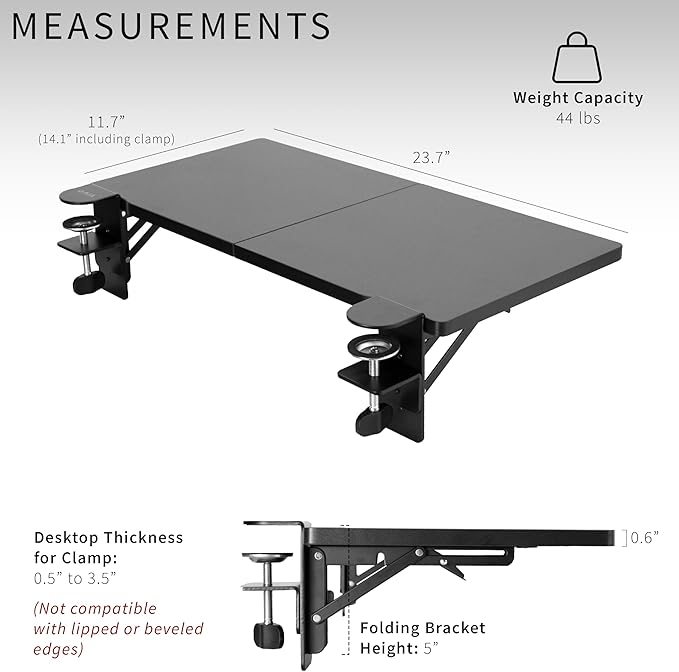VIVO Clamp-on 24 x 12 inch (14 Including Clamps) Desk Extender Wrist Support Foldable Keyboard Tray Table Mount for Sit Stand Desks Black DESK-EXT24.