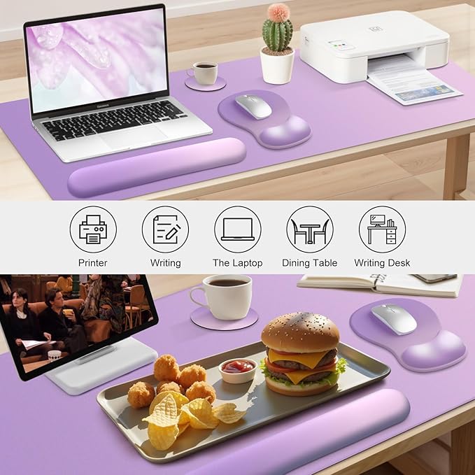 4-in-1 Large Gaming Mouse Pad Keyboard Wrist Rest Pad &amp Wrist Support Mousepad Set Extended Desk Pad Waterproof Desk Mat for Home Office Decor Study Game 35.4×15.7 Inches I Purple Pink Lavender