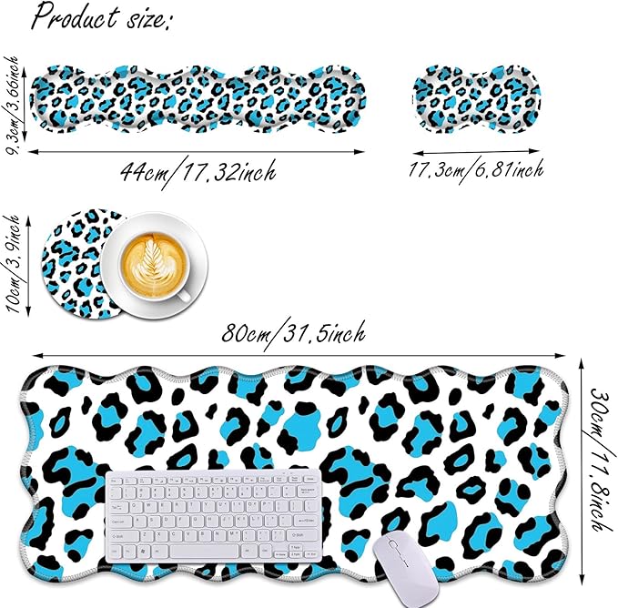 Bxgolkgd Desk Mat SetMouse Pad with Keyboard Wrist Rest &amp Mouse Wrist RestWave-Shaped DesignNon-Slip Rubber BaseErgonomic Desk Mat for HomeOfficeGamingBlue Leopard Print
