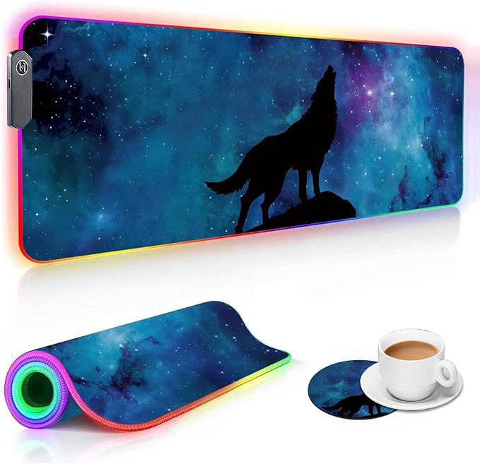 RGB Gaming Mouse Pad and Coffee Coaster XXL Large Glowing LED Mousepad Anti-Slip Rubber Base Computer Keyboard Desk Mouse Mat 31.5 X 11.8 Inch - Blue Galaxy Nebula Wolf