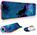 RGB Gaming Mouse Pad and Coffee Coaster XXL Large Glowing LED Mousepad Anti-Slip Rubber Base Computer Keyboard Desk Mouse Mat 31.5 X 11.8 Inch - Blue Galaxy Nebula Wolf