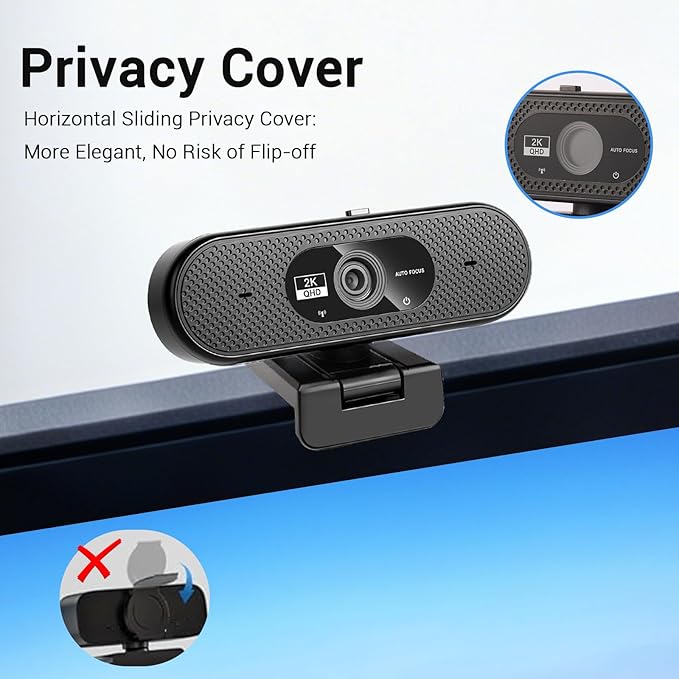 Hprosper 2K Webcam with Microphone Automatic Light Correction &amp Privacy Cover Wide Angle USB Camera for PC Laptop Mac Zoom Gaming Streaming Conference Room Video Conferencing