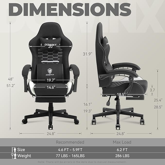 Dowinx Gaming Chair Fabric with Pocket Spring Cushion Massage Game Chair Cloth with Headrest Ergonomic Computer Chair with Footrest 290LBS Black White