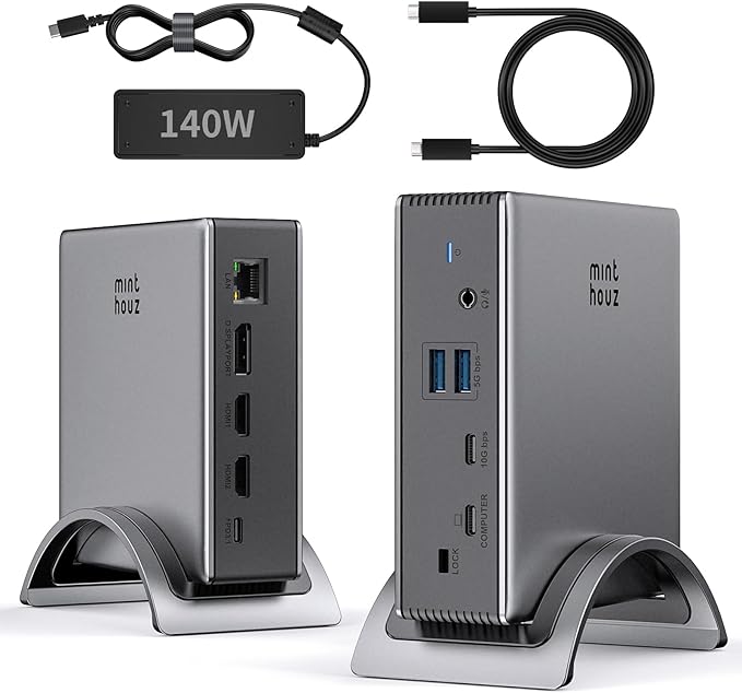 USB C Docking Station Minthouz PD3.1 Docking Station 3 Monitorswith 4K@144Hz 2*HDMI+DP 140W PD ChargeUSB-C 10Gb2*USB-A 5Gbps Gigabit Ethernet Audio/Mic for Chrome OS &amp Windows