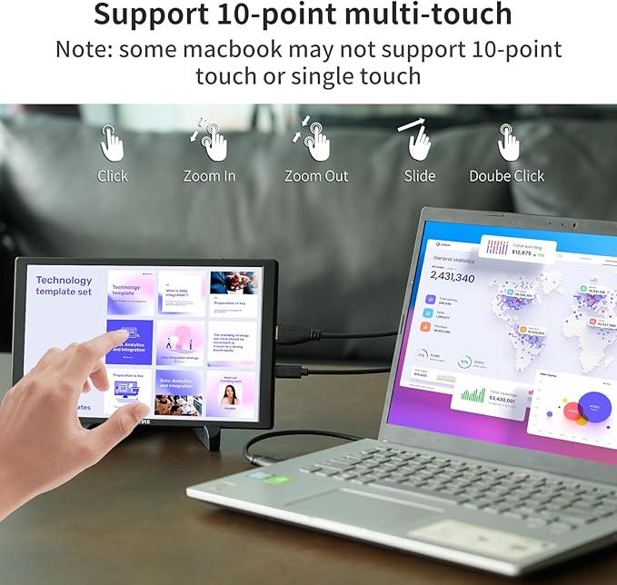 ANDYCINE N10 Portable Monitor 10.1 Inch Mini Touch 1920x1200 IPS Screen HDMI USB C in 350nits 60Hz 1000:1 Contrast Display with Bracket &amp Speakers for LaptopPCPS4/5SwitchMacXbox