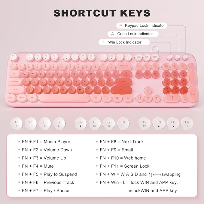 Wired Keyboard with Backlit Light Up Computer Keyboards with Multimedia Keys Full Size Wired Keyboard with Illuminated LED Plug and Play Anti-Wear Letters for Laptop Desktop- Pink Colorful