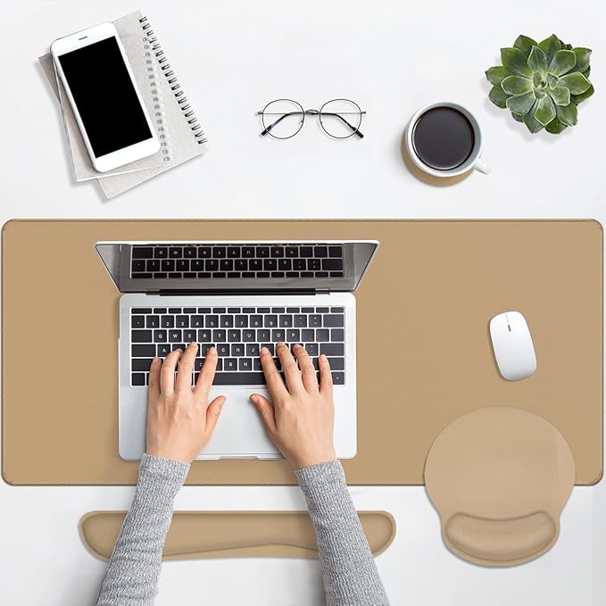 Britimes Brown Keyboard Mouse Pad Set Brown 4 in1 Large Mousepad+Keyboard Wrist Rest+Mouse Wrist Rest+Coaster Ergonomic Design for Home Office Computer 35.4x15.7Inches