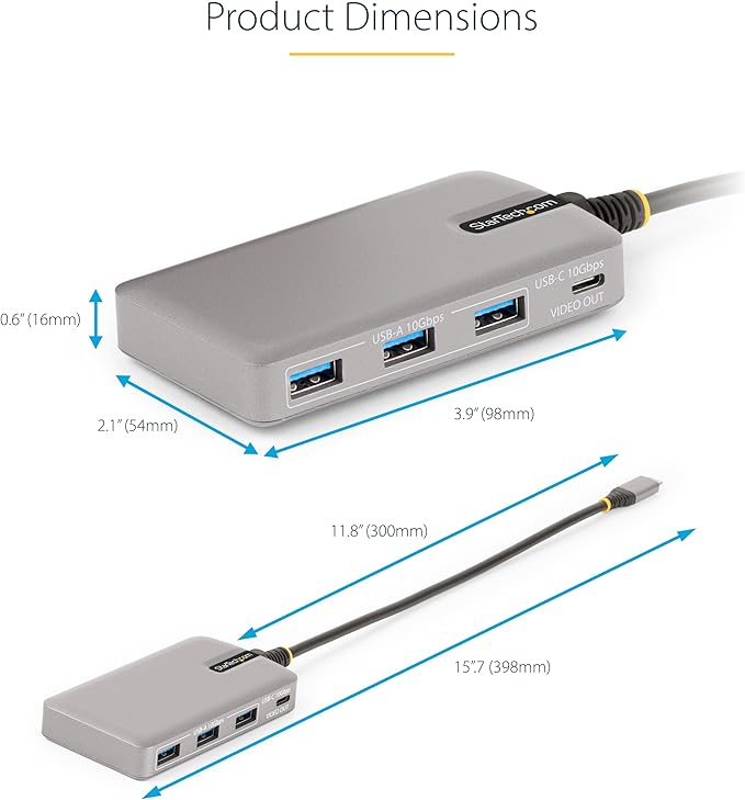 StarTech.com 4-Port USB-C Hub with USB-C DP Alt Mode Video Output 4K 60Hz - 3x USB-A 1x USB Type-C 100W Power Delivery Pass-Through USB 3.2 10Gbps 1ft/30cm Cable Portable USB Hub (HB31C3A1CDPPD3)