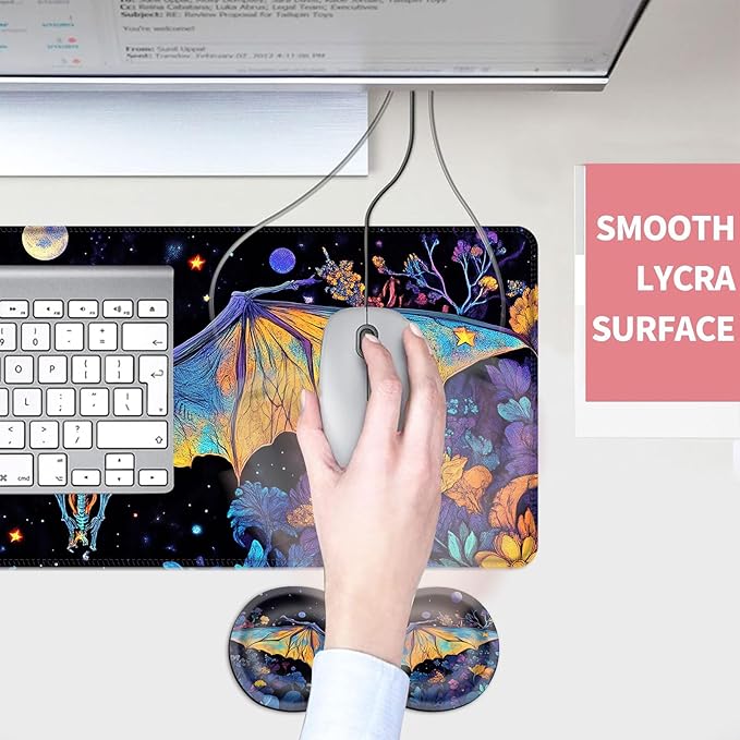 Mouse PadLarge Desk Mat Set 4in1 XL Mousepad + Keyboard Wrist Rest+Mouse Wrist Rest+Coaster with Ergonomic Desk Pad for Home Office Table Computer Cover -Neon Skeleton Bat
