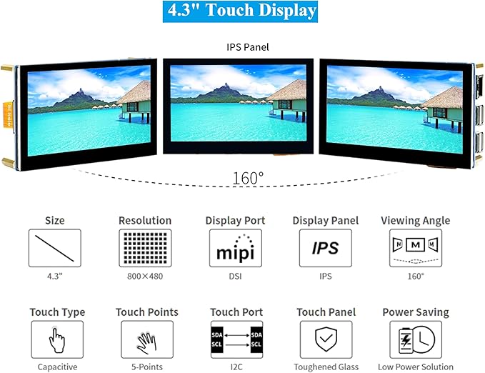 4.3inch DSI LCD Compatible with Raspberry Pi 5/4B/3B+/3B//3A+/2B/B+/A+/CM5/4/3+/3 800x480 Resolution 5-Points Capacitive Touch Screen IPS Display Monitor MIPI DSI Interface
