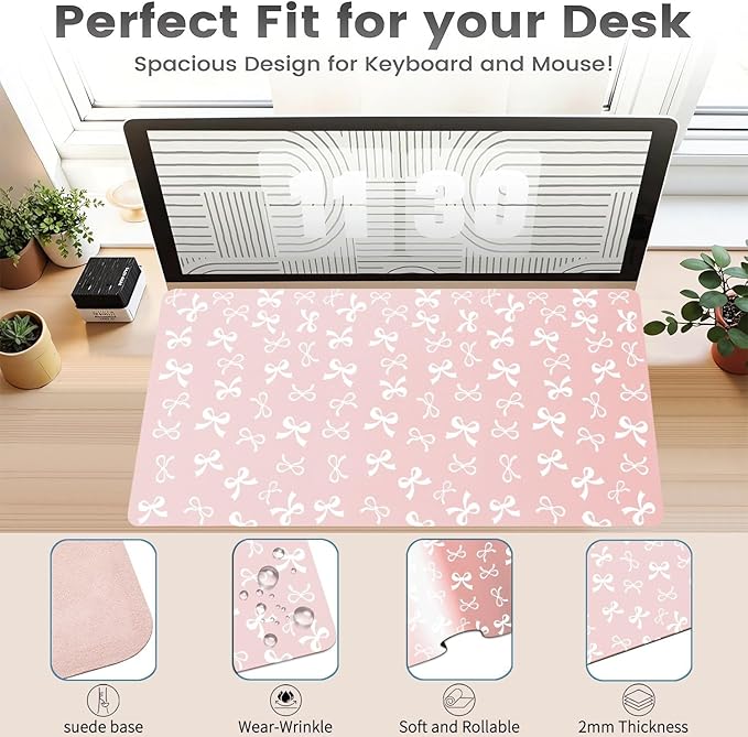 Cute Pink Bow Office Desk Mat 23.6''X11.8''Aesthetic Bowknot Desktop Mat Pu Leather Large Mouse Pad Trendy Kawaii Mousepad Non-Slip Table Mat for Girls Women Home Work Computer Game