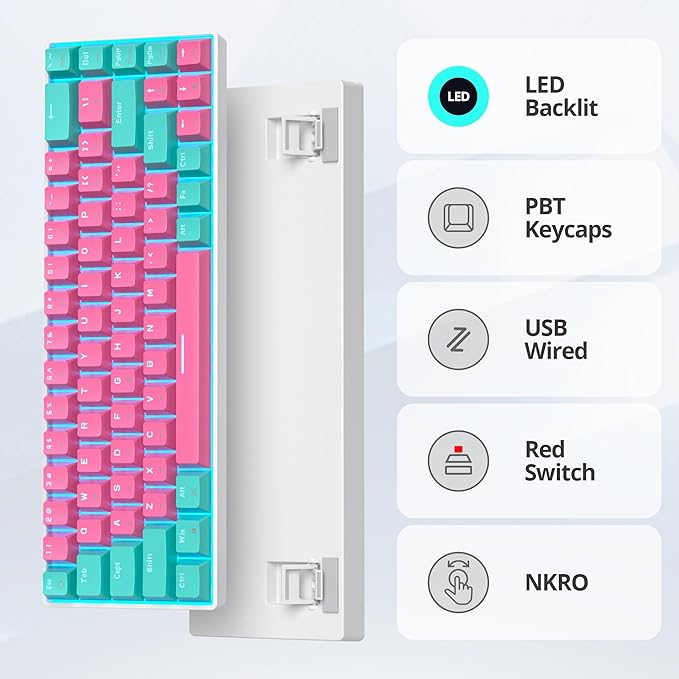65 Percent Gaming Keyboard Mechanical with Linear Red Switch 65% Wired Ultra-Compact Mini Pink Keyboard LED with PBT Keycaps for Ps4/Ps5/Xbox(68 Miami)