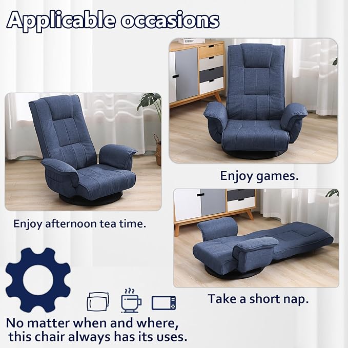 360 Degree Swivel Floor Chairs for Adults Gaming Floor Chair with Back Support 14 Angles Adjustable Comfortable Floor Lounge Chair Folding Video Game Chairs Office Bedroom 201(Blue)