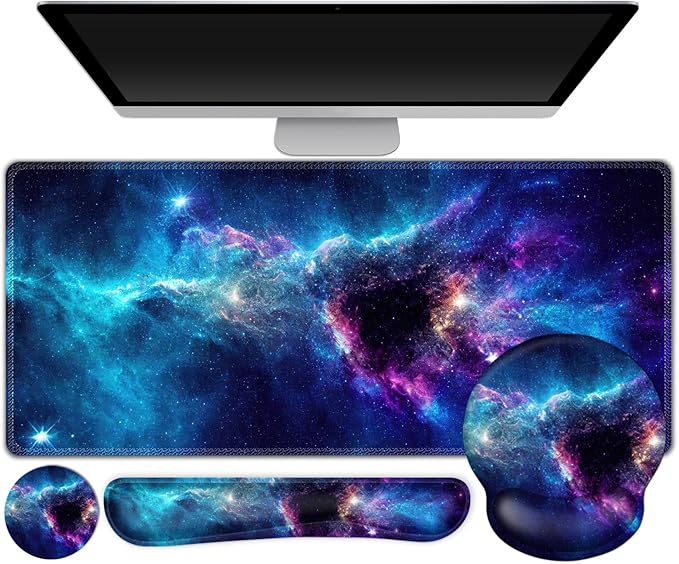 Gaming Mouse Pad Large Desk Mat Cute Desk Pad Protector 4in1 XXL Mousepad + Keyboard Wrist Rest+Mouse Wrist Rest+Coaster Set with Ergonomic Desk Pad for Home Office Table Computer Galaxy Space