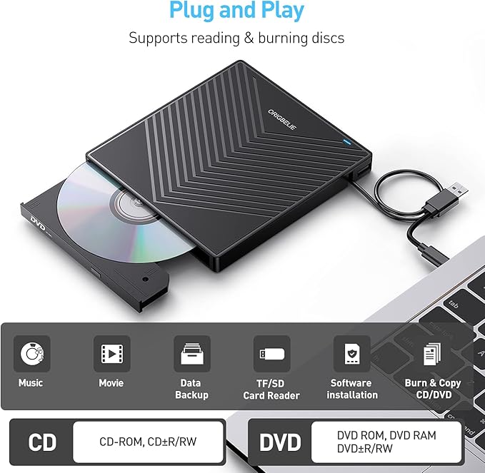 External CD DVD Drive Ultra Slim CD Burner USB 3.0 with 4 USB Ports and 2 TF/SD Card Slots Optical Disk Drive for Laptop Mac PC Windows 11/10/8/7 Linux OS