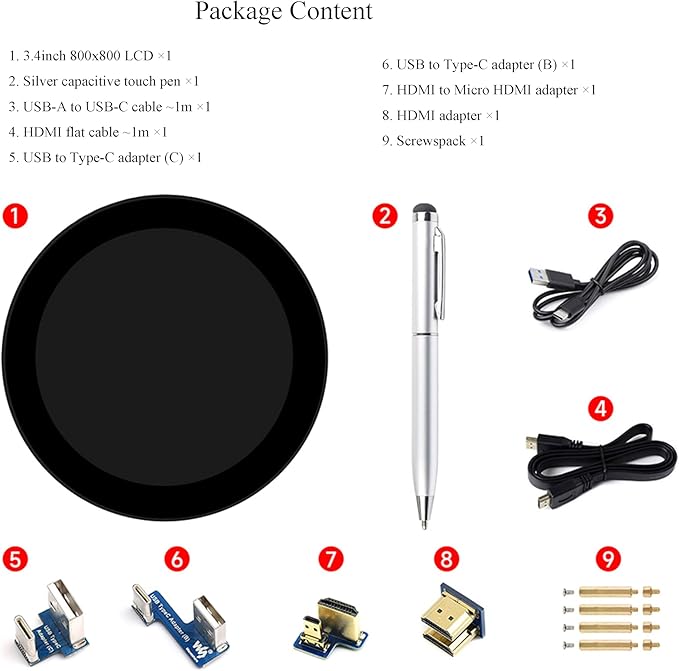 3.4inch HDMI Round TouchScreen for Raspberry Pi 5/4B/3B+/3A+/2B/B+/A+/Zero/Zero W/WH/Zero 2W 800×800 Resolution 10-Point Capacitive Touch IPS DisplayCompatible with Jetson Nano/Mini PCDriver Free