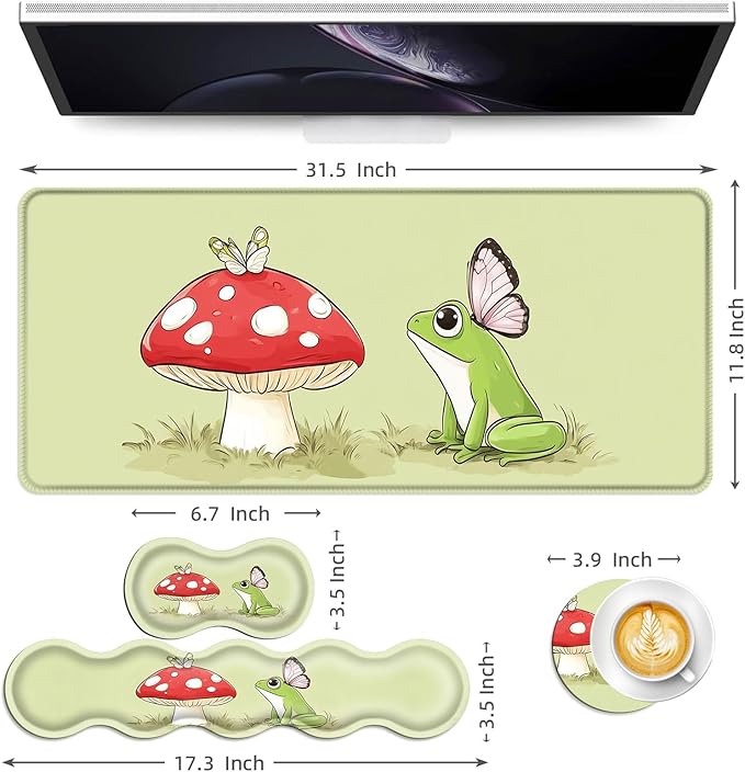 Keyboard Mouse Pad Set Extended Gaming Mouse Pad+Ergonomics Keyboard Wrist Rest Support Memory Foam Easy Typing Pain Relief 4Pcs XL Ultra Thick Desk MatFrog Butterflies Mushroom