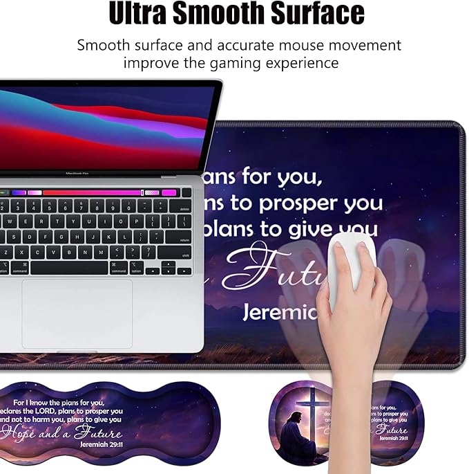 Ergonomic Memory Foam Mouse Pad Wrist Rest SetLarge Gaming Desk Pad + Keyboard Wrist Rest + Mouse Wrist Cushion + Coaster for Home Office Study GamingChristian Cross Quote Bible Verse Jeremiah 29:11