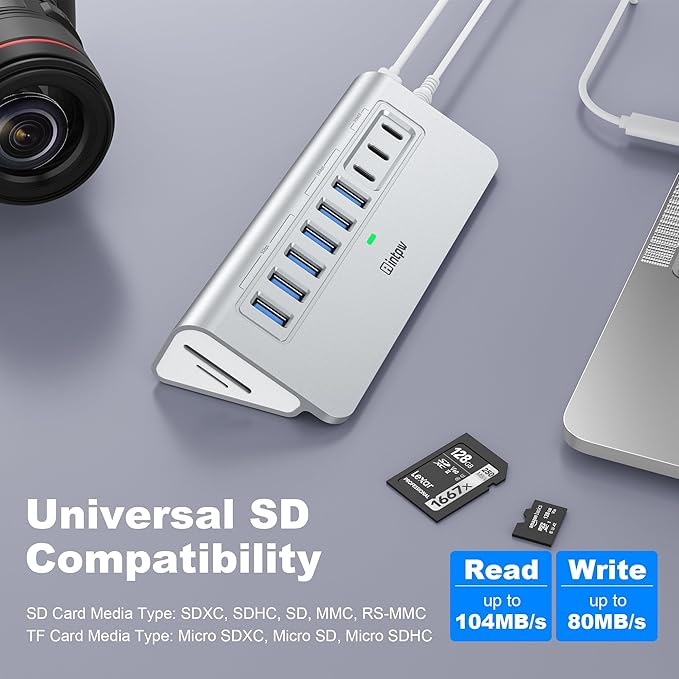Powered USB Hub 10Gbps intpw YH6AC Plus 11 Port USB 3.2 Hub(USB A/USB C 3.2+4 USB-A 3.0+2 PD 45W Fast Charging Ports+SD/TF Card Reader) 65W Power AdapterAluminum USB HUB for PCLaptopiPhone 17/16