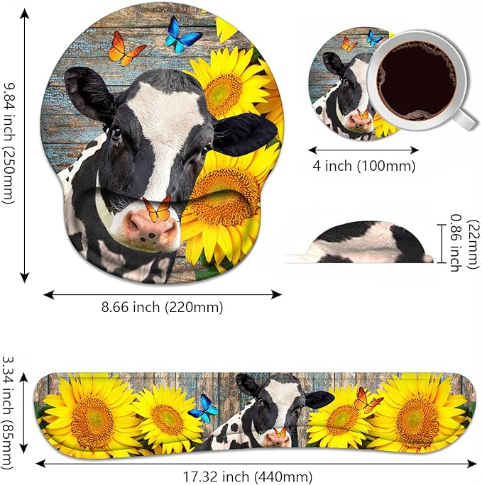 Keyboard Wrist Rest and Mouse Pad Wrist Support Set with Coasters Ergonomic Gaming Mousepad Non-Slip PU Base for Home Office Working Studying Easy Typing &amp Pain Relief - Sunflowers and Cow
