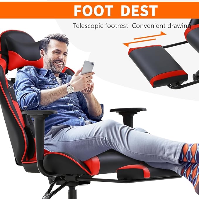 PC Gaming Chair with Footrest Ergonomic Home Office Chair with Lumbar Support &amp Headrest Pillow Height Adjustable Swivel Recliner Racing Computer Video Game Chairs Red
