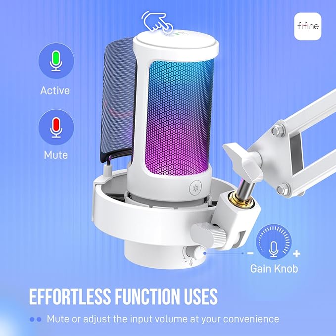 FIFINE Gaming PC USB Microphone Kit Condenser RGB Mic with Metal Boom Arm Mute Gain Knob Headphones Monitoring Streaming Microphone Bundle for PS4/PS5 YouTube Discord Twitch-A8T White