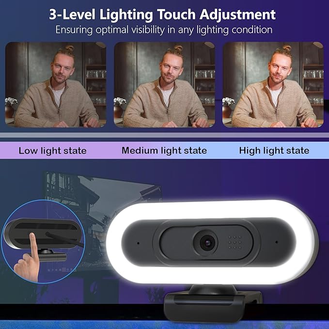 2K Webcam for PCStreaming Computer Camera with Fill RGB LightsAutofocus Webcam with Microphone and CoverPlug-Play USB Web cam for Desktop ComputerMeetingGamingVideo Calling