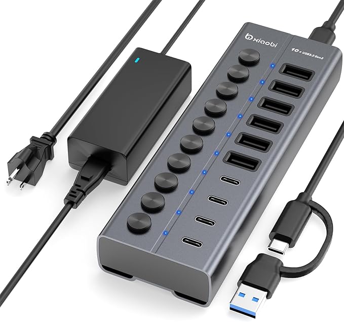 Powered USB Hub 10-Port USB C Hub with 6 USB-A 3.2 4 USB-C 3.2 Ports Individual Switches and 12V/5A Power Adapter Aluminum USB Extension for MacBook Laptop/PC and More.