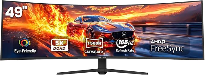 CRUA 49 Curved Gaming Monitor | DQHD(5120 * 1440) 144Hz/165Hz 1500R 32:9 AMD FreeSync 120% sRGB Height Adjustable Ultra-Wide Screen Monitors HDMI 2.1 &amp DP 1.4 Wall Mount Install- Black