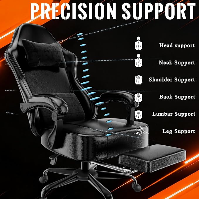 Ergonomic Gaming Chair with Footrest PU Leather Video Game Chairs for Adults Comfortable Computer Chair for Heavy People Reclining Gamer Chair Office Chair with Lumbar Support Dark Black