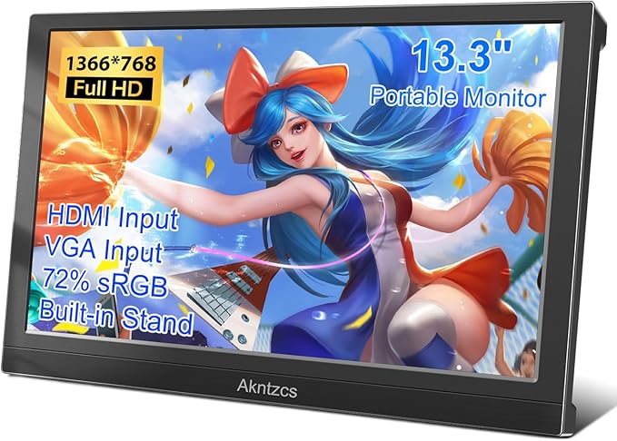 Portable Monitor 13.3 Inch HD 1366 * 768 External Laptop Monitor HDMI Travel Monitor for Computer/PS3/PC/Switch Built-in Speakers &amp Kickstand