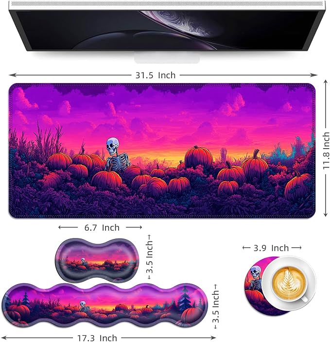 Keyboard Mouse Pad Set Extended Gaming Mouse Pad+Ergonomics Keyboard Wrist Rest Support Memory Foam Easy Typing Pain Relief 4Pcs XL Ultra Thick Desk MatHalloween Skull Pumpkin